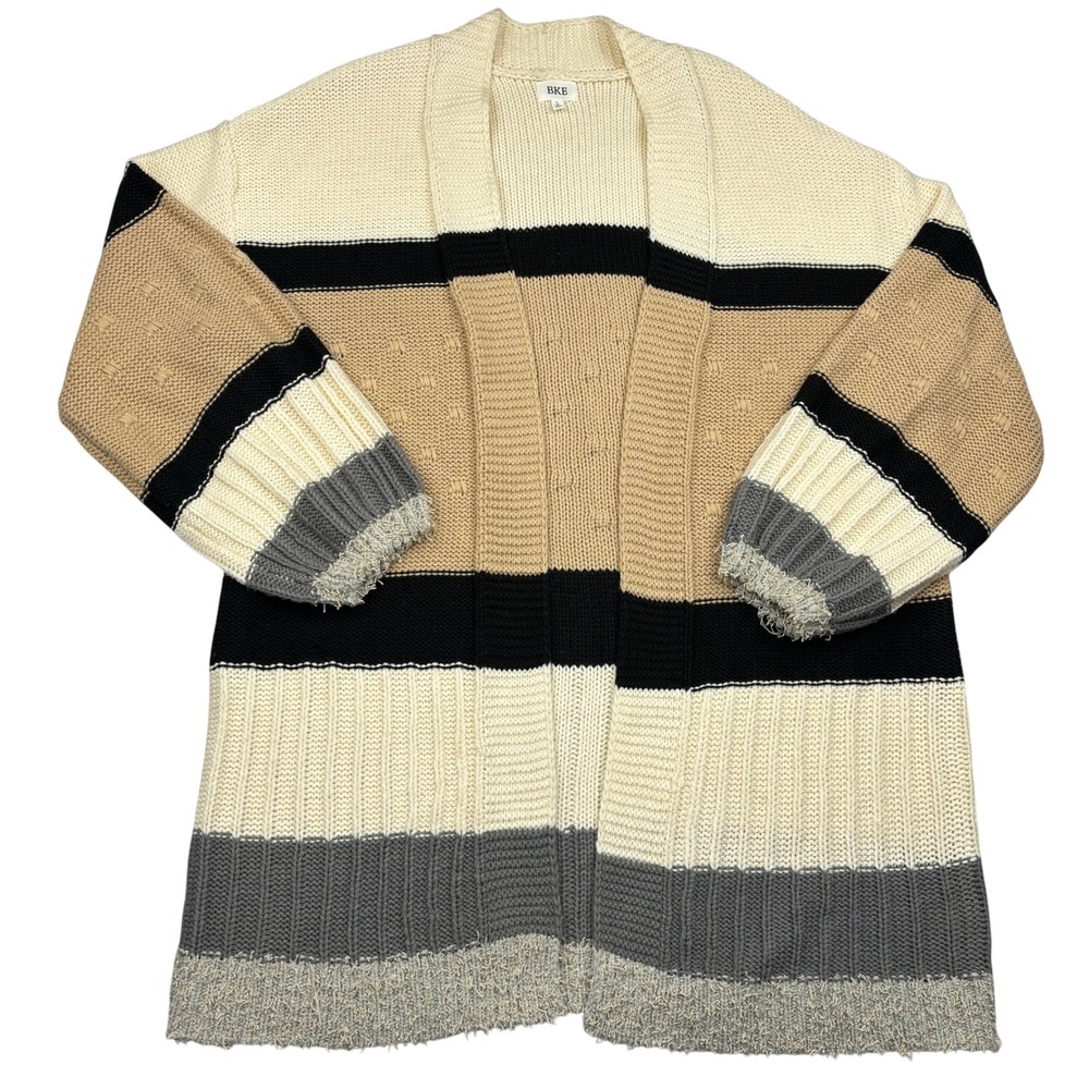 BKE Cardigan Sweater Womens Large Colorblock Open Front Chunky Fringe Knit Long